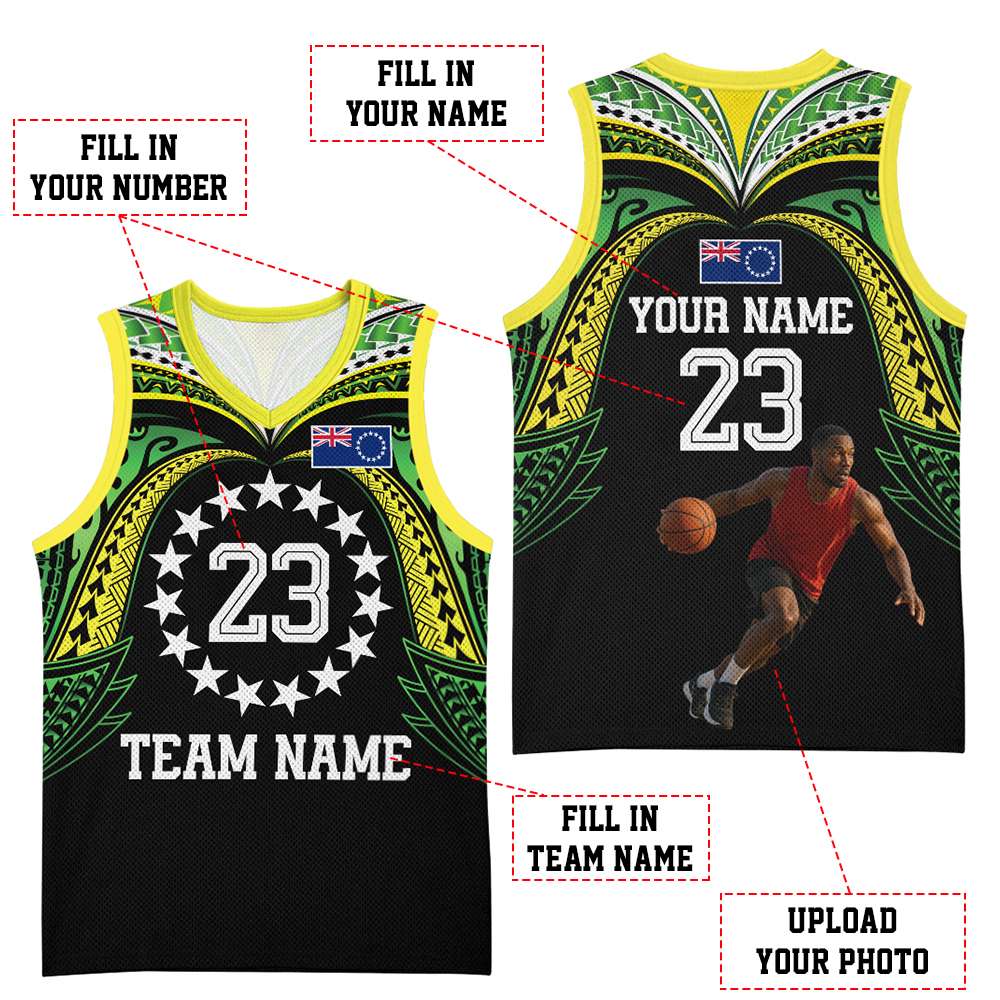 Custom Photo Cook Islands Basketball Jersey Tatau Tribal Motifs Black Color CTM03 - Polynesian Pride