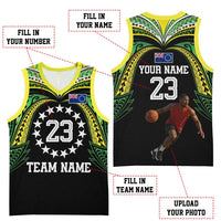 Custom Photo Cook Islands Basketball Jersey Tatau Tribal Motifs Black Color CTM03 - Polynesian Pride