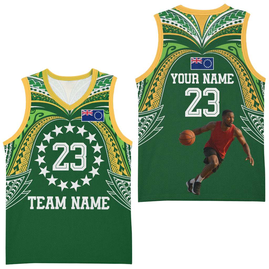 Custom Photo Cook Islands Basketball Jersey Tatau Tribal Motifs Green Color