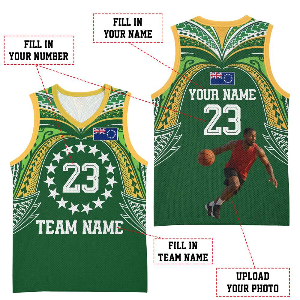 Custom Photo Cook Islands Basketball Jersey Tatau Tribal Motifs Green Color