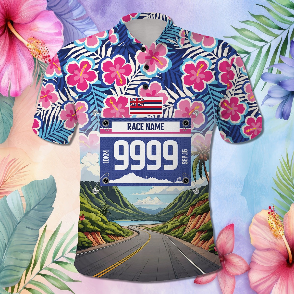 Custom Race Bib and Photo Marathon Nature and Tropical Style Polo Shirt