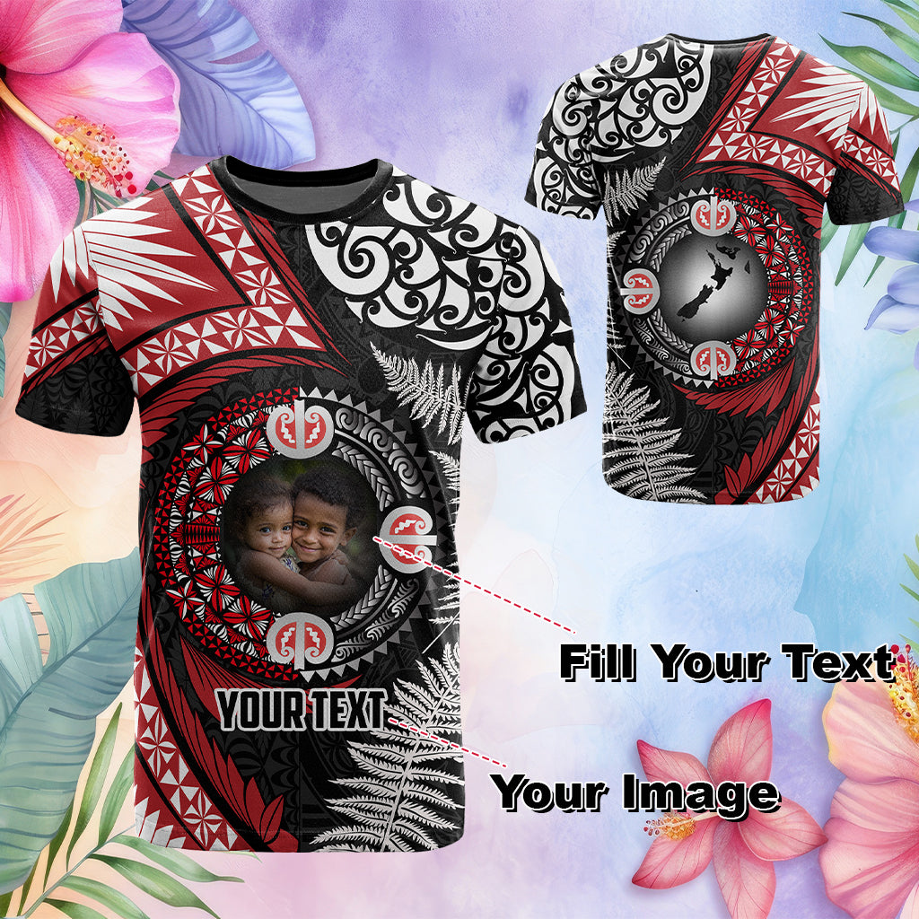 Custom Photo Tonga and New Zealand Together T Shirt Ngatu Art Tribal Maori Tattoo and Silver Fern