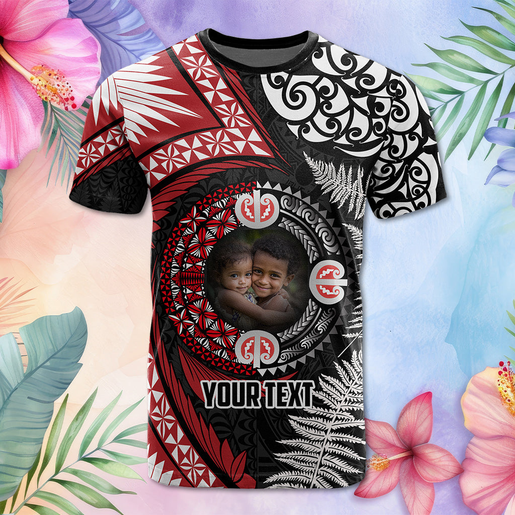 Custom Photo Tonga and New Zealand Together T Shirt Ngatu Art Tribal Maori Tattoo and Silver Fern