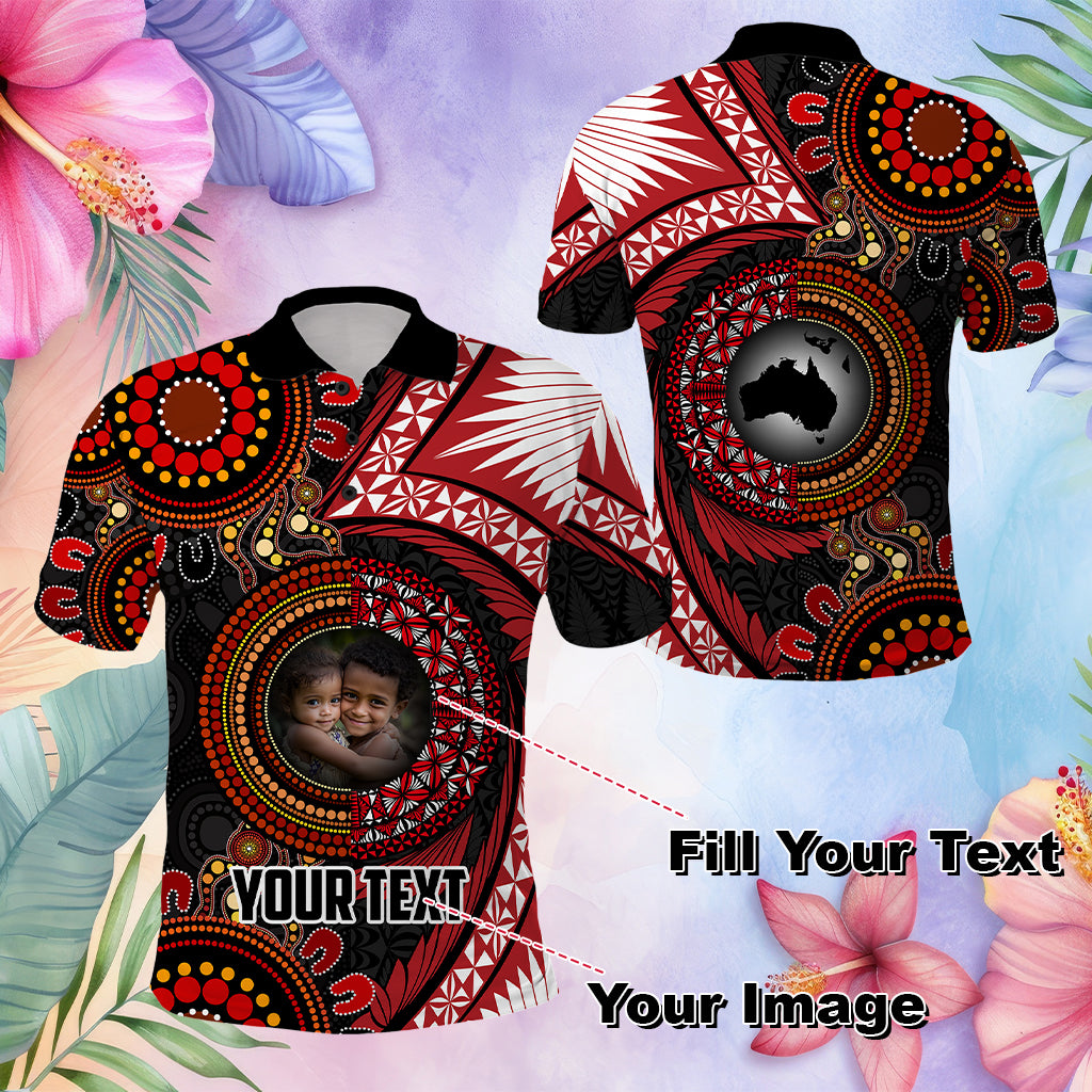 Custom Photo Tonga and Australia Together Polo Shirt Ngatu Art Tribal Aboriginal Tattoo Pattern