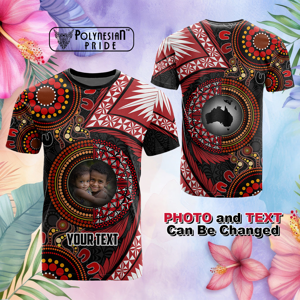 Custom Photo Tonga and Australia Together T Shirt Ngatu Art Tribal Aboriginal Tattoo Pattern