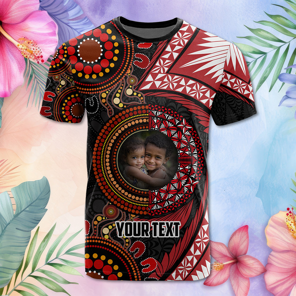 Custom Photo Tonga and Australia Together T Shirt Ngatu Art Tribal Aboriginal Tattoo Pattern