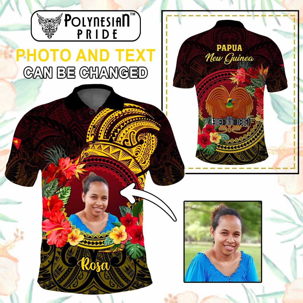 Custom Photo Papua New Guinea Polo Shirt Coat Of Arms Tropical Flowers Polynesian Pattern CTM05