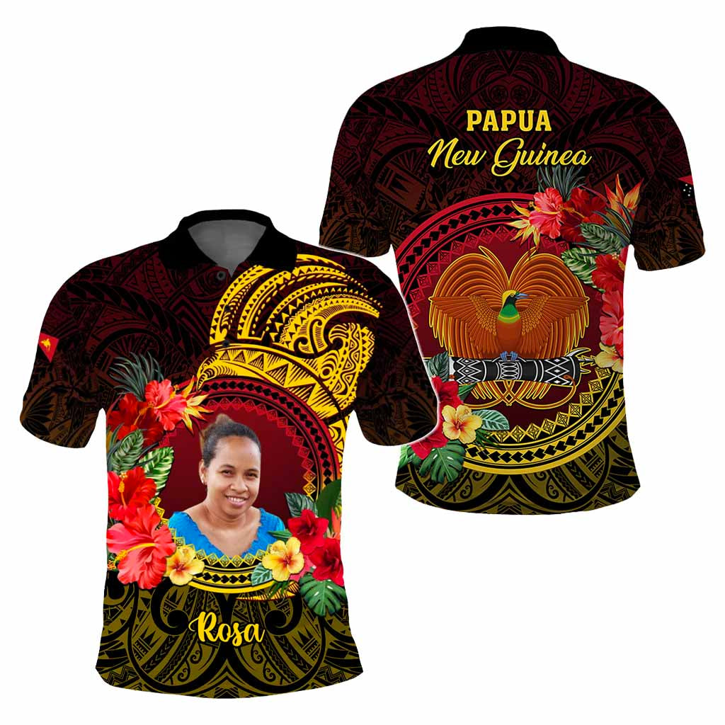 Custom Photo Papua New Guinea Polo Shirt Coat Of Arms Tropical Flowers Polynesian Pattern CTM05