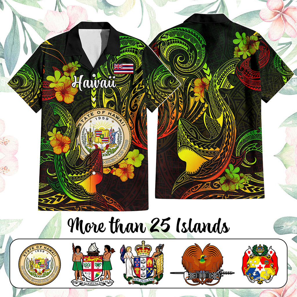 Custom Polynesian Countries Hawaiian Shirt Coat Of Arms Polynesian Tribal Tattoo Shark