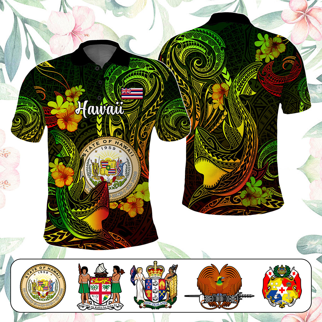 Custom Polynesian Countries Polo Shirt Coat Of Arms Polynesian Tribal Tattoo Shark