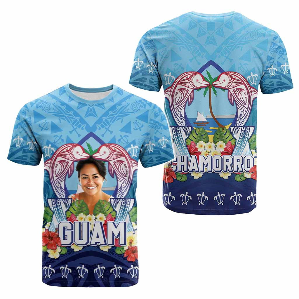 Custom Photo Guam Chamorro T Shirt Tribal Latte Stone With Dolphins