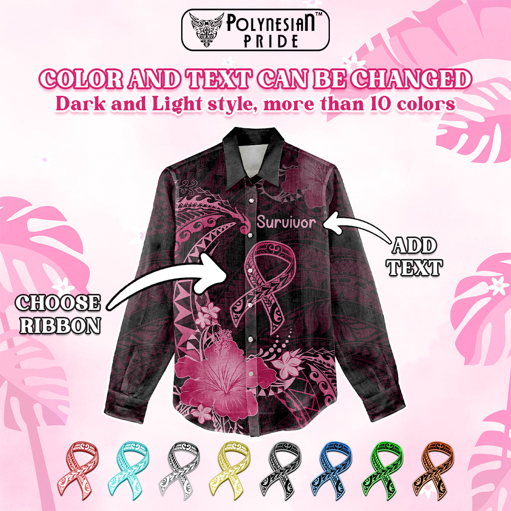 Custom Cancer Awareness Women Casual Shirt Never Give Up Polynesian Ribbon
