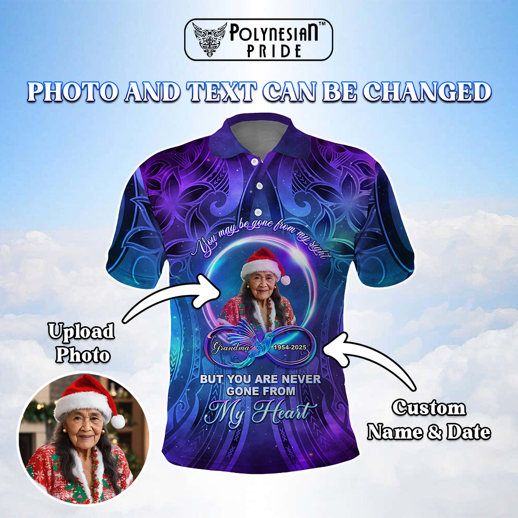 Custom Photo Memorial Polo Shirt You Are Never Gone From My Heart Polynesian Tribal Pattern