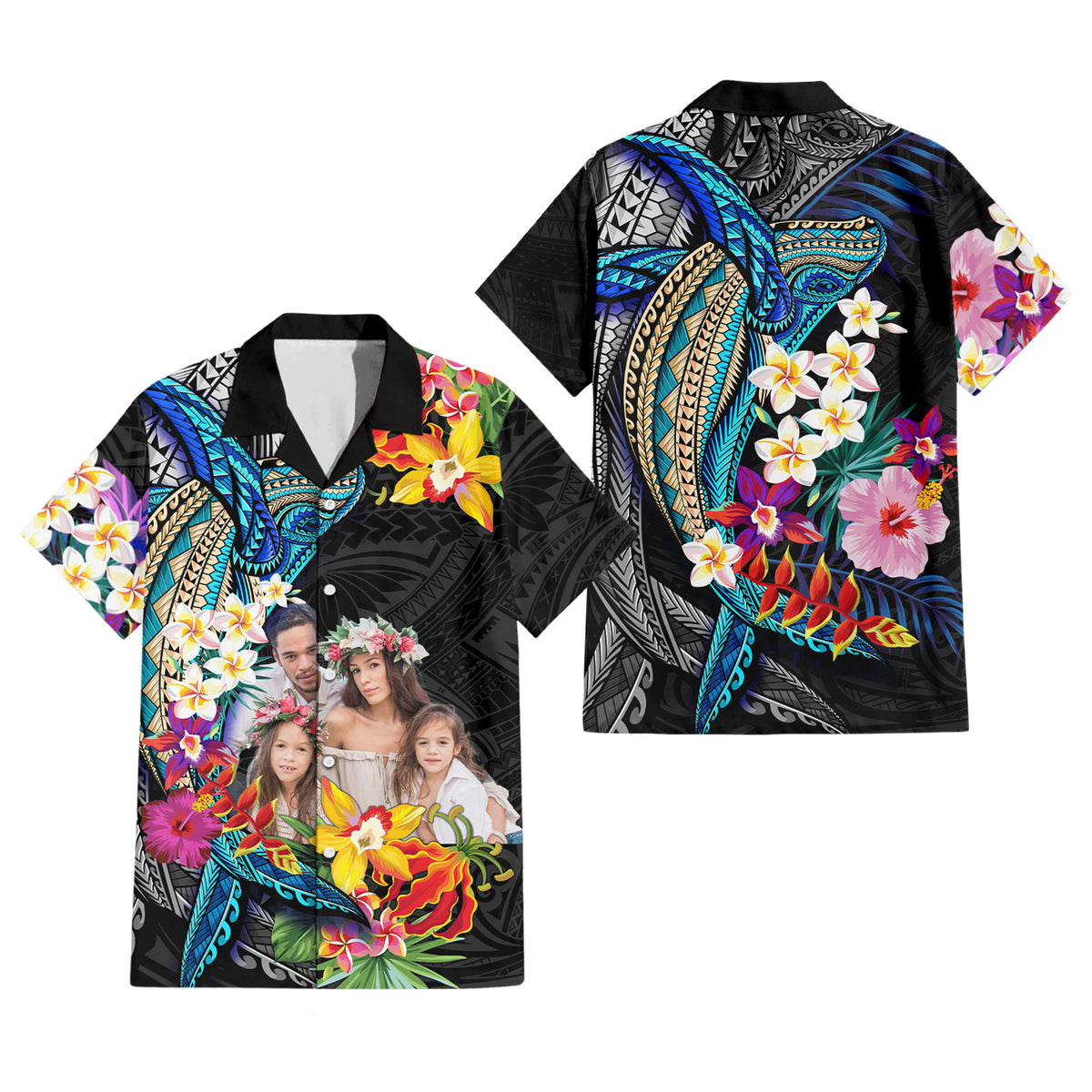 Custom Photo Polynesian Shark Tattoo Hawaiian Shirt Beauty Pacific Flowers - Polynesian Pride