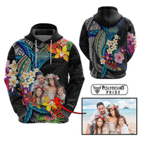 Custom Photo Polynesian Shark Tattoo Hoodie Beauty Pacific Flowers - Polynesian Pride