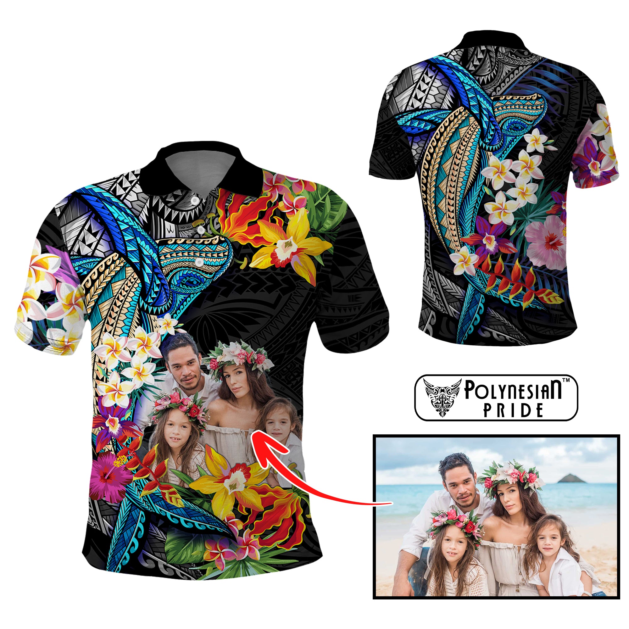 Custom Photo Polynesian Shark Tattoo Polo Shirt Beauty Pacific Flowers - Polynesian Pride