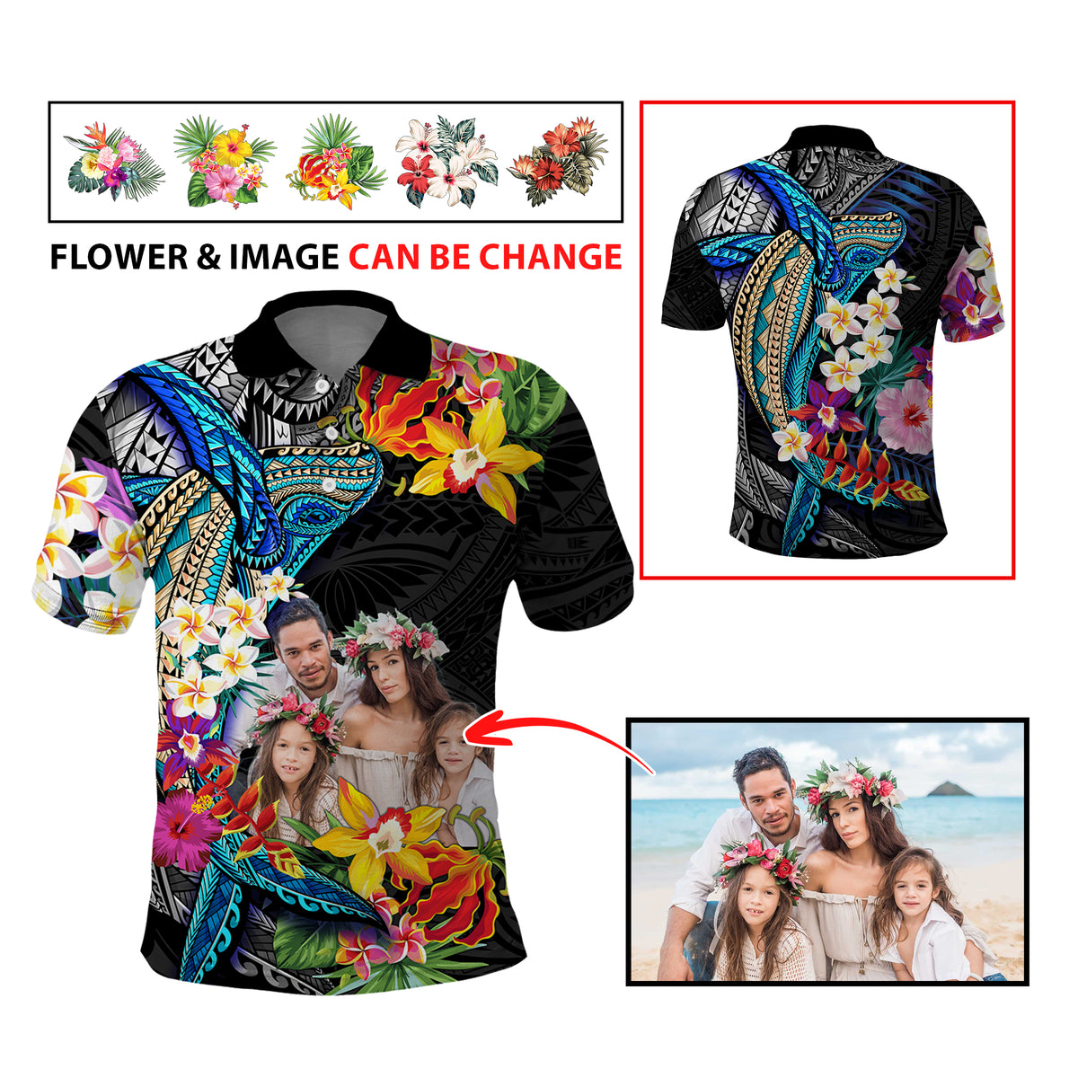 Custom Photo Polynesian Shark Tattoo Polo Shirt Beauty Pacific Flowers - Polynesian Pride