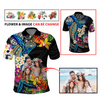 Custom Photo Polynesian Shark Tattoo Polo Shirt Beauty Pacific Flowers - Polynesian Pride