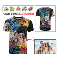 Custom Photo Polynesian Shark Tattoo T Shirt Beauty Pacific Flowers - Polynesian Pride