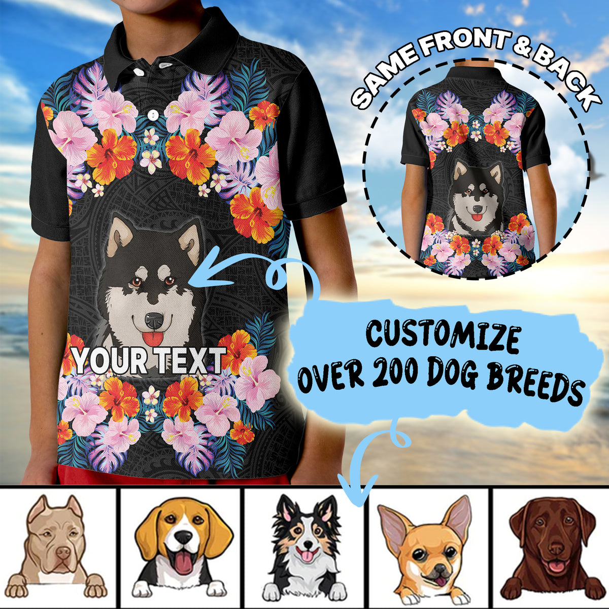 Custom Photo Polynesian Funny Dog Polo Shirt Tropical Flower