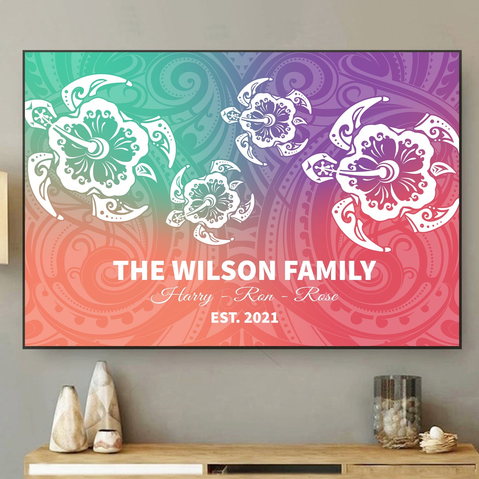 Custom Polynesian Turtle Family Retro Canvas Wall Art Together Forever Hibiscus Flower