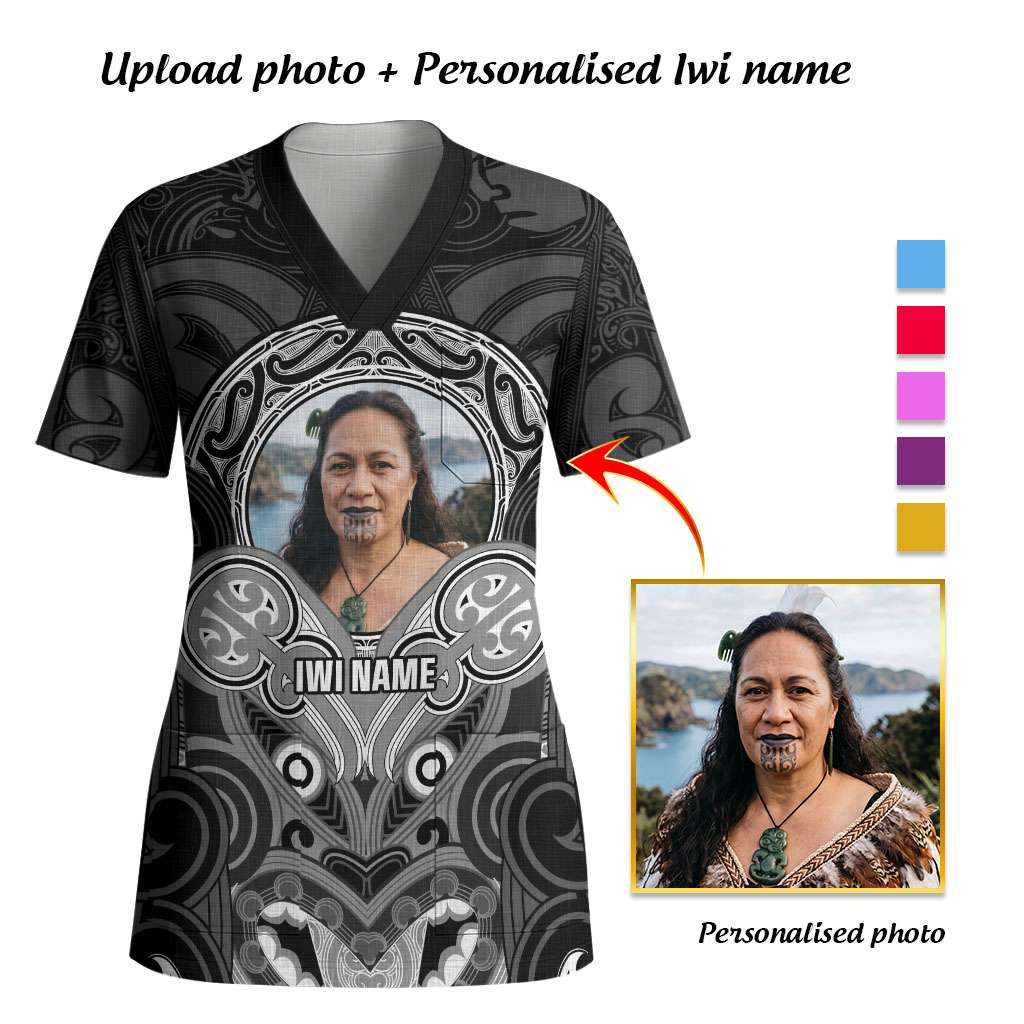 Personalised Aotearoa Iwi Photo Name Scrub Top Maori Tribal Ethnic Inspired Tradition