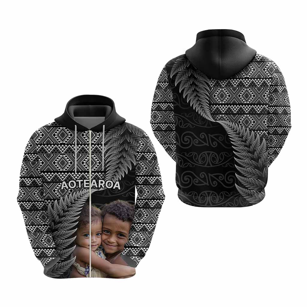 Custom Upload Image Aotearoa Silver Fern Hoodie Black Taniko Motif