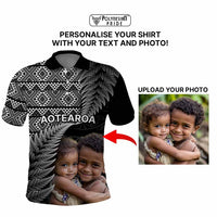 Custom Upload Image Aotearoa Silver Fern Polo Shirt Black Taniko Motif