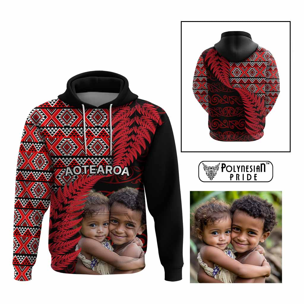 Custom Upload Image Aotearoa Silver Fern Hoodie Red Taniko Motif