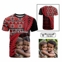 Custom Upload Image Aotearoa Silver Fern T Shirt Red Taniko Motif