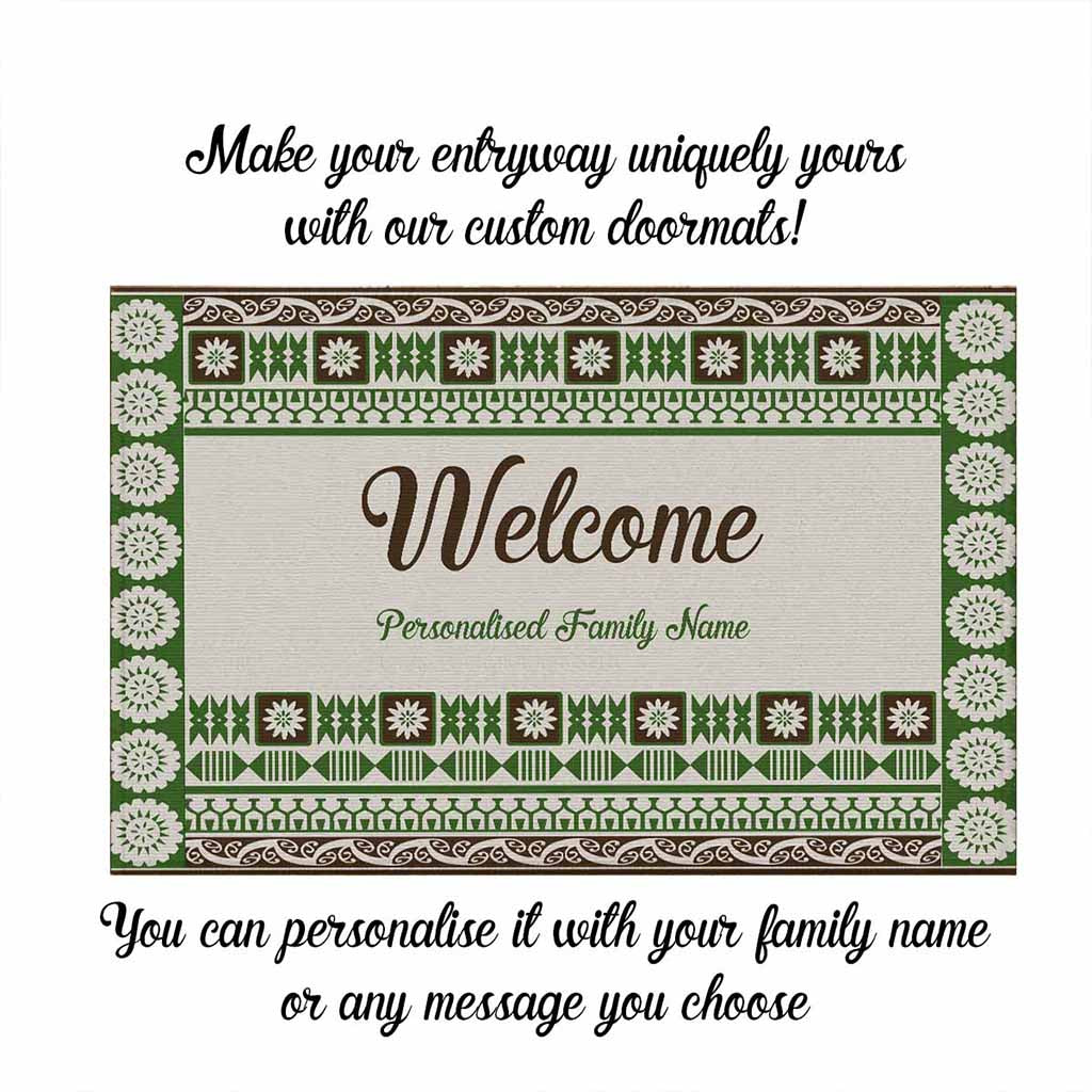 Custom Bula Fiji Family Name Rubber Doormat Green Fijian Tribal Tapa Pattern