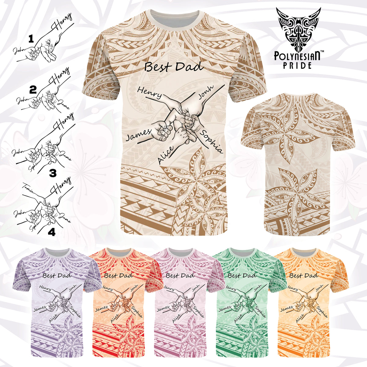 Custom Father's Day Fist Bump Dad and Baby Hands Holding T Shirt - Plumeria Floral Tribal Tattoo Unique