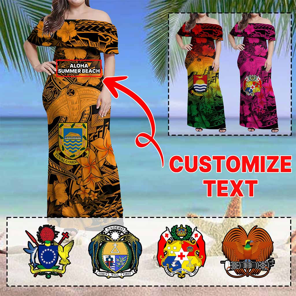 Custom Hawaii Tropical Off Shoulder Maxi Dress Hammerhead Shark and Coat of Arm Polynesian Island