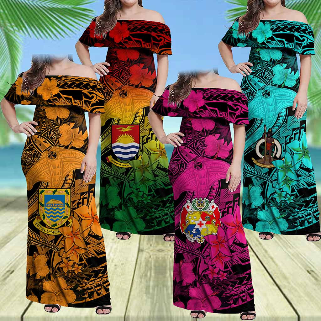Custom Hawaii Tropical Off Shoulder Maxi Dress Hammerhead Shark and Coat of Arm Polynesian Island