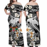 Custom Hawaii Tropical Off Shoulder Maxi Dress Hammerhead Shark and Coat of Arm Polynesian Island