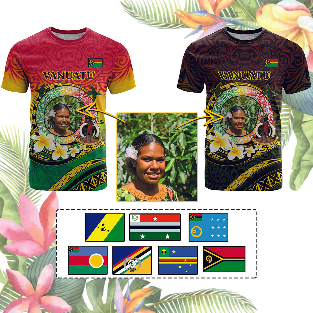 Custom Photo Vanuatu Provinces T Shirt Coat Of Arms Mix Flag - Polynesian Pride