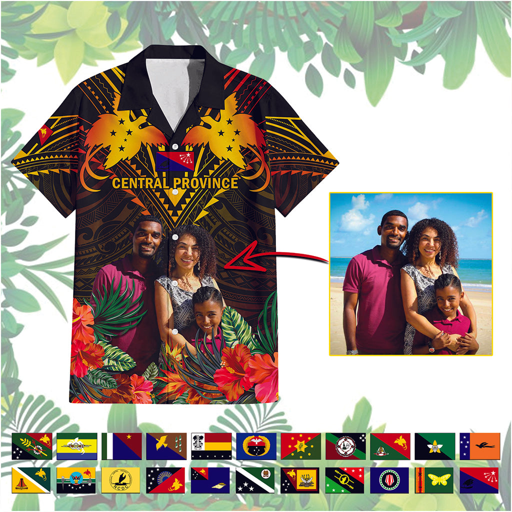 Custom Photo Papua New Guinea Provinces Hawaiian Shirt Flag With Polynesian Tropical Flowers - Polynesian Pride