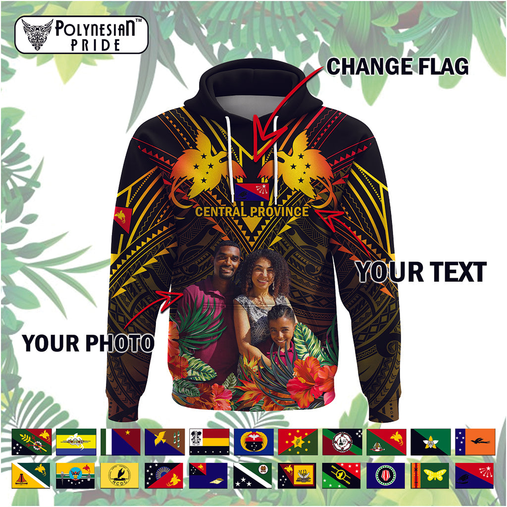 Custom Photo Papua New Guinea Provinces Hoodie Flag With Polynesian Tropical Flowers - Polynesian Pride
