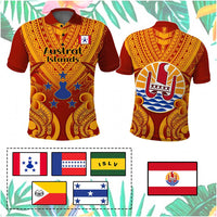 Custom French Polynesia Polo Shirt Five Groups Of Islands Flag Plumeria Polynesian Tribal