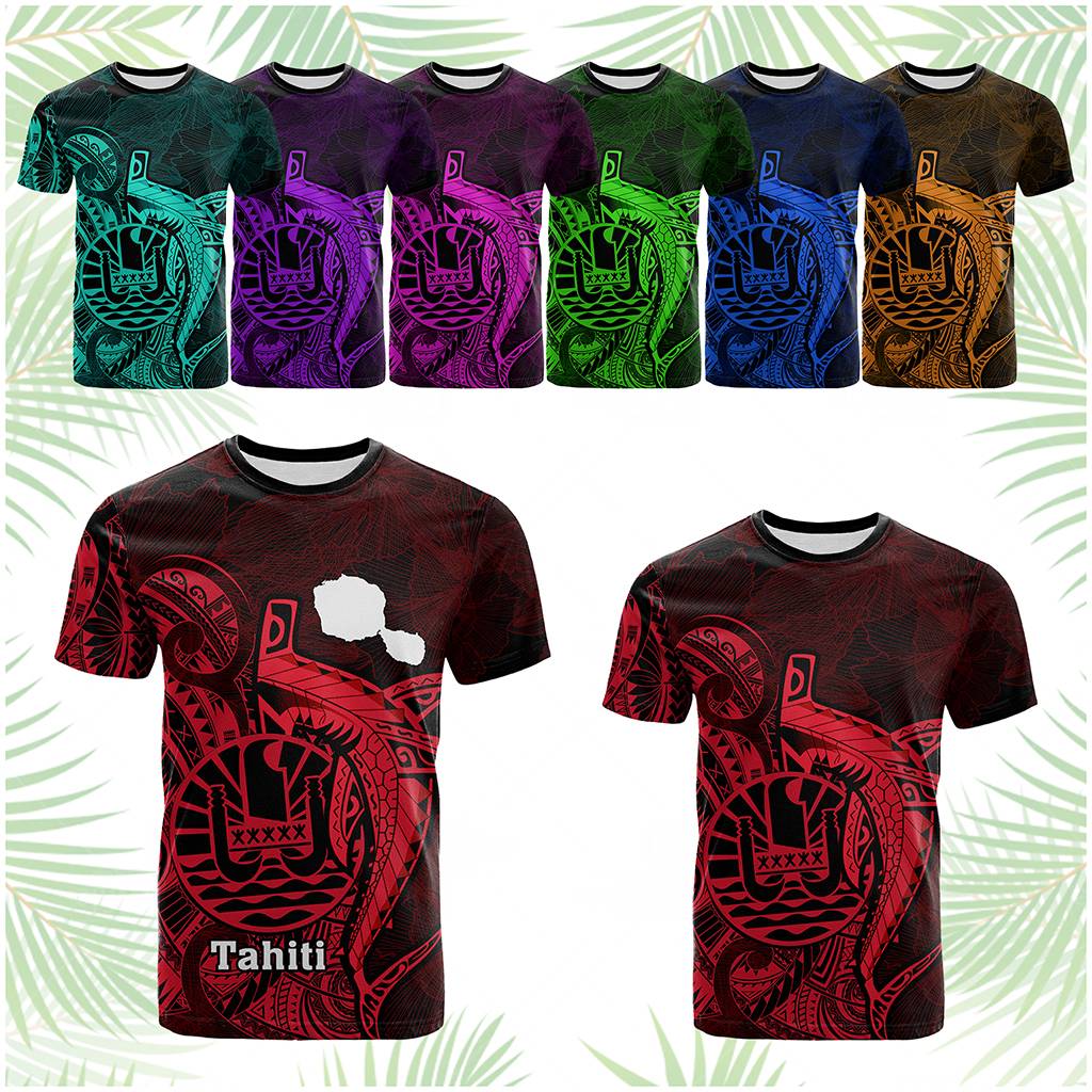 Custom French Polynesia T Shirt Map Of Islands Flag Hibiscus With Polynesian Shark Tattoo