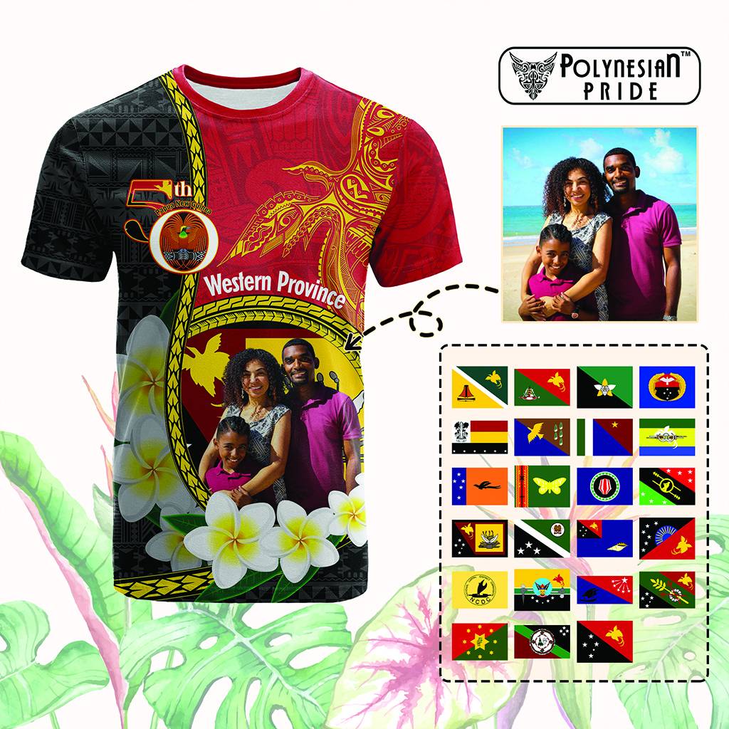 Custom Photo Papua New Guinea Provinces T Shirt Flag With Polynesian Tropical Flowers