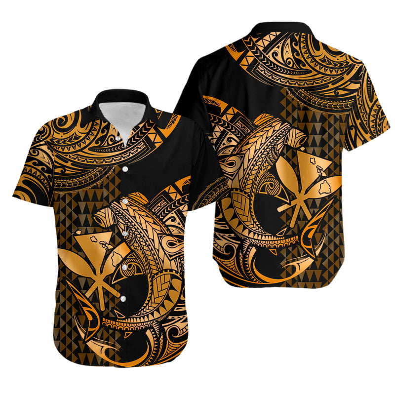 Polynesian Matching Dress and Hawaiian Shirt Hawaii Kakau Kanaka with Tribal Hammerhead Shark Gold LT14 - Polynesian Pride