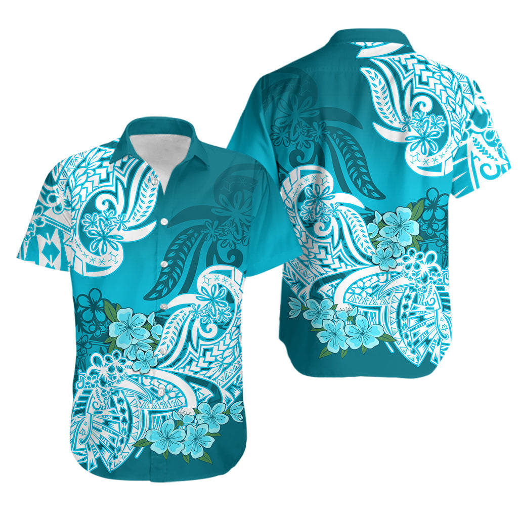 Polynesian Matching Couple Outfit Floral Tribal Puletasi Dress and Hawaiian Shirt Teal LT9 - Polynesian Pride