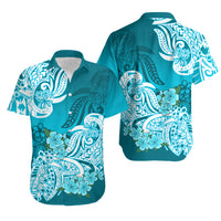 Polynesian Matching Couple Outfit Floral Tribal Puletasi Dress and Hawaiian Shirt Teal LT9 - Polynesian Pride