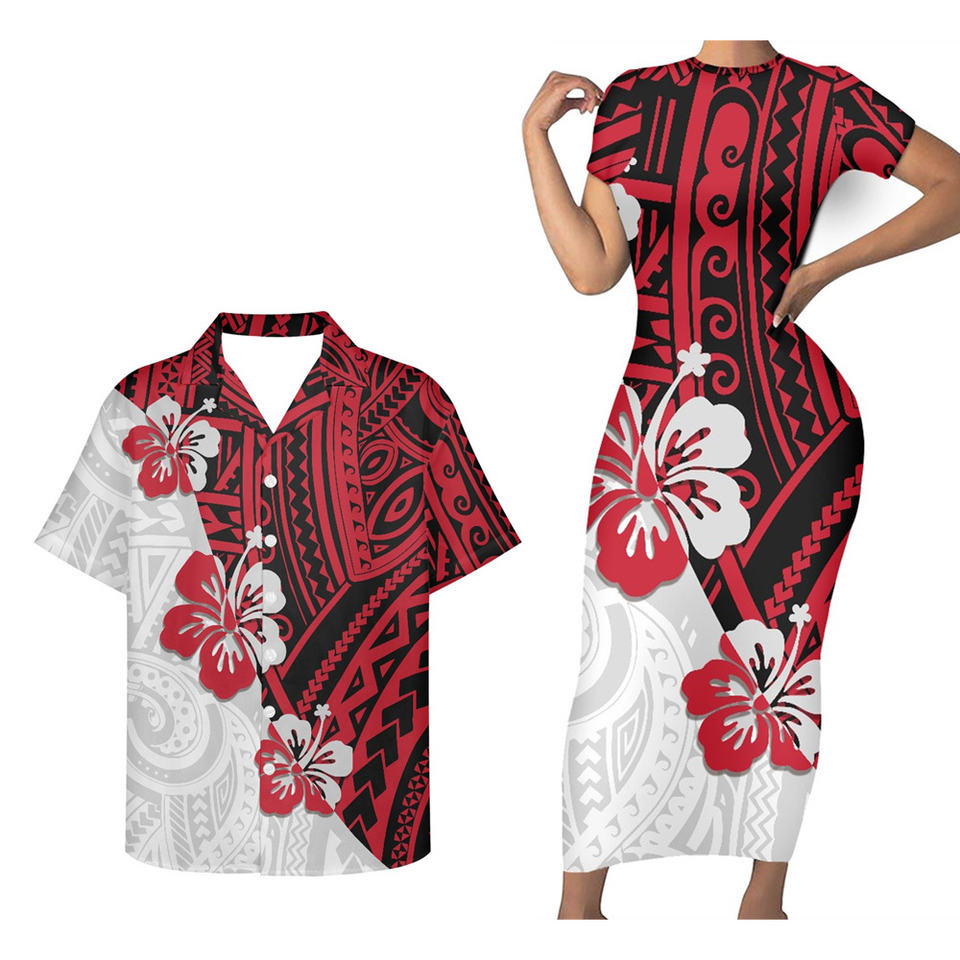 Hawaii Matching Outfit For Couples Red Hibiscus Polynesian Tribal Bodycon Dress And Hawaii Shirt - Polynesian Pride