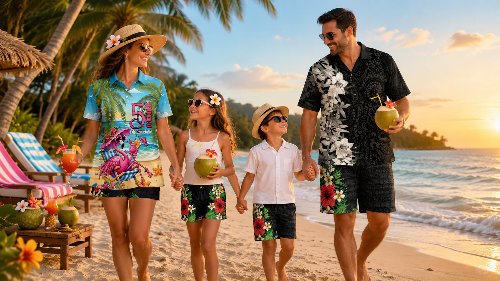 Family of four walking on a beach with drinks, palm trees, and sunset in the background.