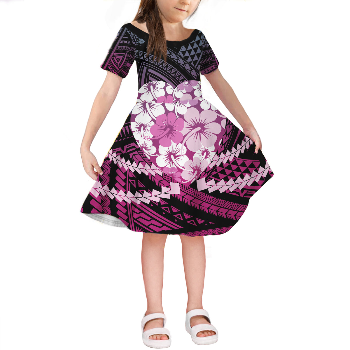 Hawaii Hibiscus Flowers Hawaiian Outfits Polynesian Short Sleeve Dress KID Blue Style RLT7 KID Blue - Polynesian Pride