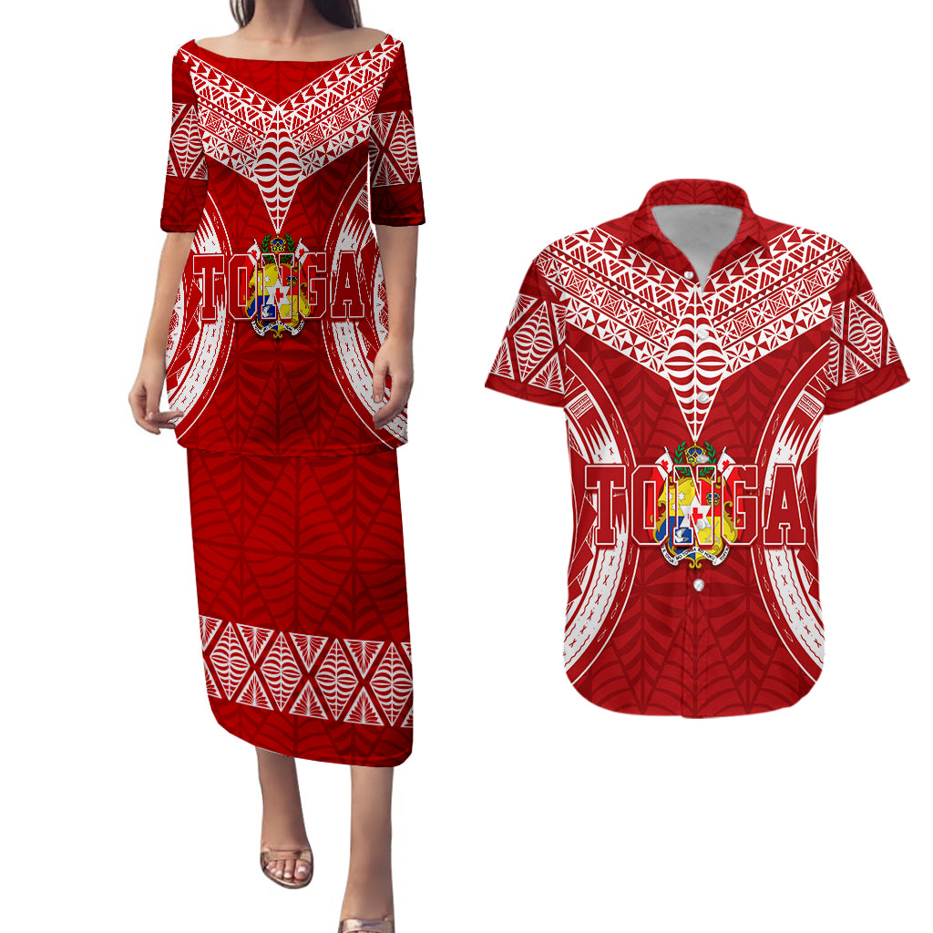 Personalised Tonga Independence Day Puletasi Dress and Hawaiian Shirt Kupesi Pattern Mix Style LT7 Red - Polynesian Pride
