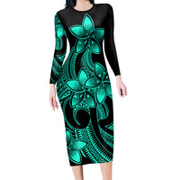 Polynesian Couple Outfits Plumeria Flowers Couples Bodycon Dress Hawaiian Shirt Polynesian Tribal Aqua Vibe LT9 - Polynesian Pride