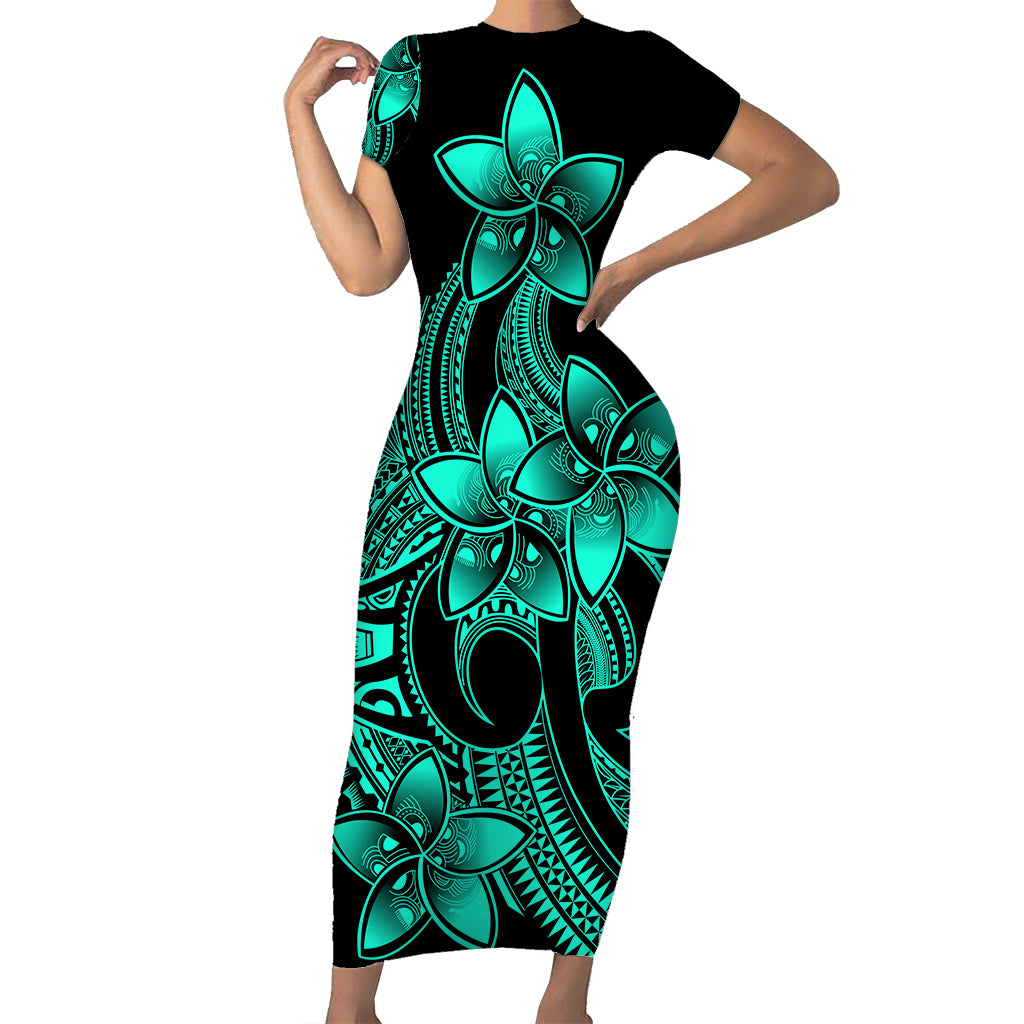 Polynesian Pride Plumeria Flowers Short Sleeve Body Long Dress Polynesian Tribal Aqua Vibe LT9 Long Dress Aqua - Polynesian Pride